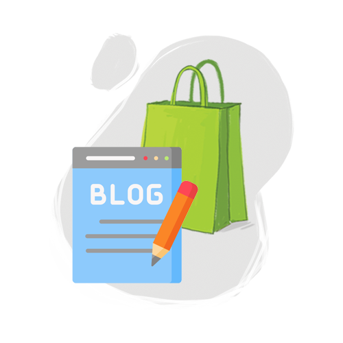 Blog icon in front of green bag