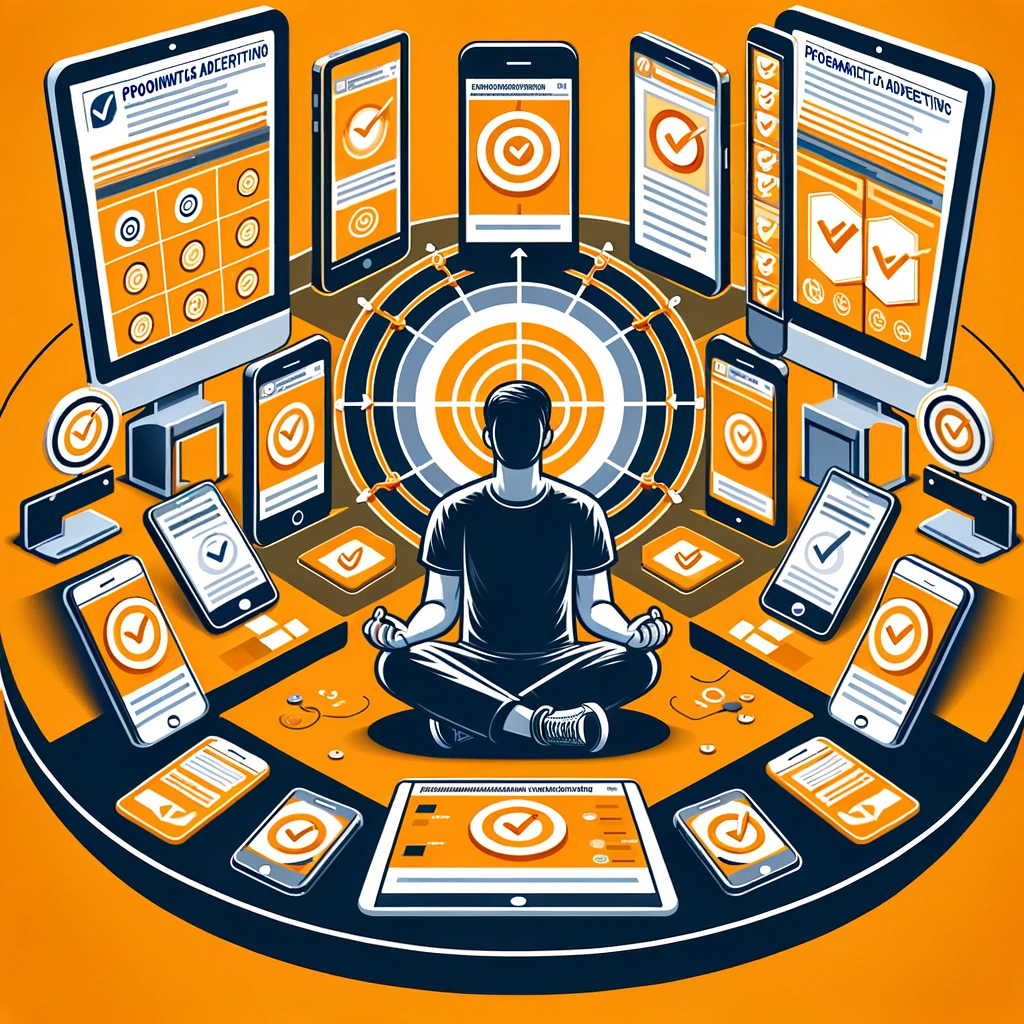 A person in silhouette sitting cross-legged surrounded by an array of digital devices without text, symbolizing programmatic advertising targeting